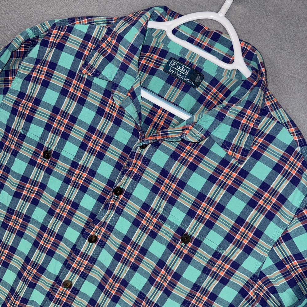 Polo Ralph Lauren Shirt Mens XXL 2XL Teal Plaid Long Sleeve Cotton Button Down